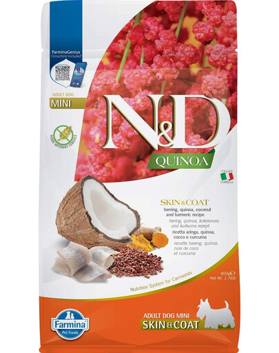 FARMINA N&D Quinoa Dog Skin&Coat Adult Mini herring, coconut - Quinoa, hareng & noix de coco pour favoriser la peau et le pelage des chiens adultes de petites races - 800 g