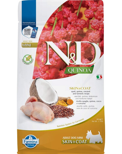 FARMINA N&D Quinoa Skin&Coat Mini - Caille, quinoa, curcuma & noix de coco pour favoriser la peau et le pelage des chiens adultes de petites races - 800 g