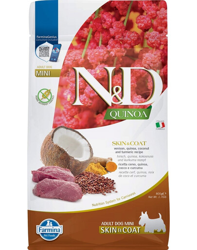 FARMINA N&D Quinoa Skin & Coat Venison Mini - Quinoa & Venaison pour la peau et le pelage des chiens de petites races - 800g