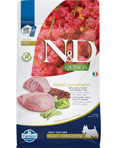 FARMINA N&D Quinoa Weight Management Lamb & Broccoli Mini - Agneau, quinoa, brocoli et asperges pour réduire le poids des chiens adultes de petites races - 800 g