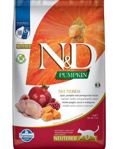 FARMINA N&D Pumpkin Quail & Pomegranate Cat Neutered - Potiron, caille et grenade pour chats castrés - 10 kg