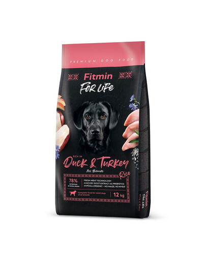 FITMIN dog For Life Duck & Turkey - viandes fraîches de Poulet&Dinde pour chiens adultes de toutes races - 12 kg