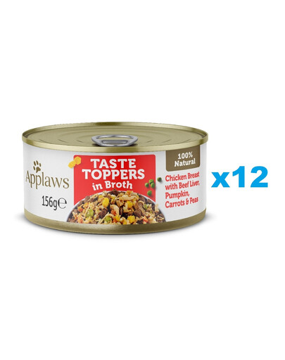 APPLAWS Dog Tin Taste Toppers - Blanc de poulet, foie de bœuf et légumes en bouillon - 12x156 g