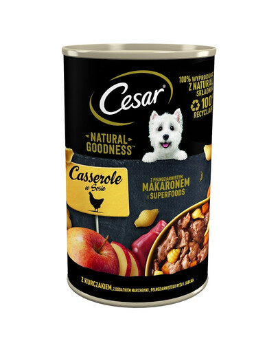 CESAR Boîte à sauce 24x400g avec du poulet, garnie de carottes, de pâtes complètes et d'une pomme