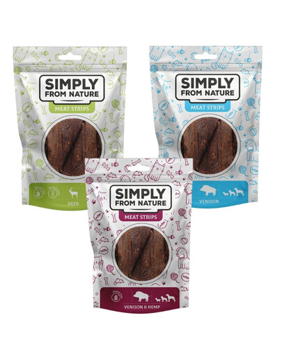 SIMPLY FROM NATURE Meat Strips Bâtonnets de viande Assortiment de saveurs avec gibier, sans volaille 3x80 g