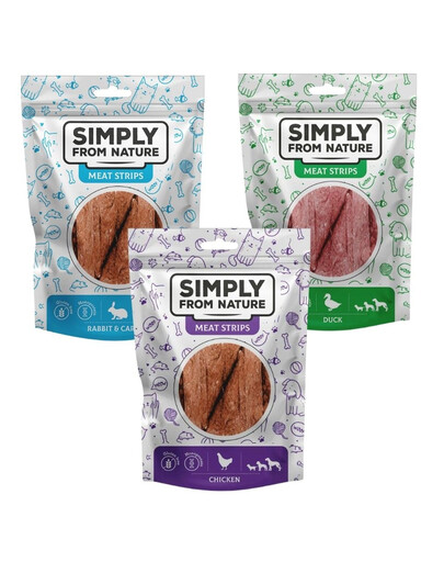 SIMPLY FROM NATURE Meat Strips Bâtonnets de viande Assortiment de saveurs poulet, canard, lapin 3x80 g