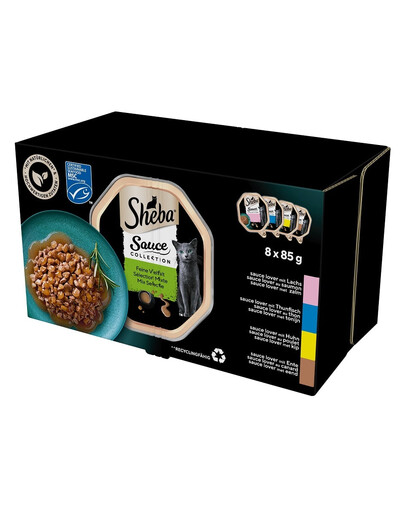 SHEBA Sauce Collection Sélection de Saveurs 8x85 g en sauce avec saumon, thon, poulet, canard