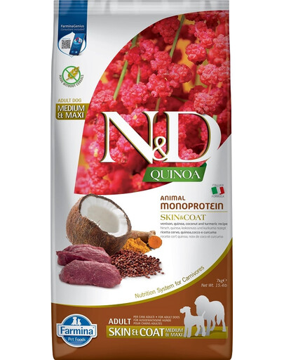 FARMINA N&D Quinoa Dog Adult Medium&Maxi Skin&Coat Venison & Coconut - Venaison, quinoa & noix de coco pour favoriser la peau et le pelage des chiens adultes de moyennes et grandes race avec - 7 kg