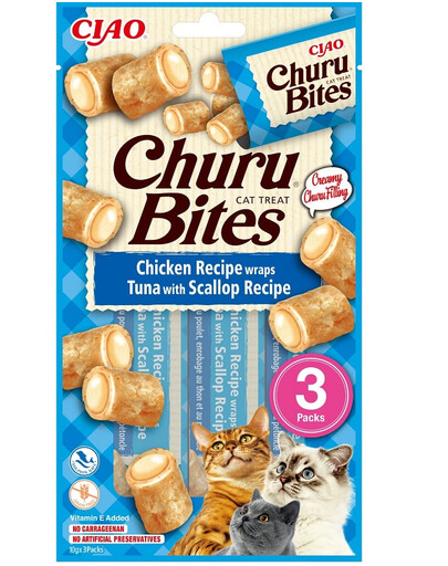 INABA Churu Bites Cat Treat Aliment humide avec garniture crémeuse au poulet, thon et coquille Saint-Jacques 3x10g