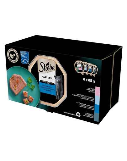 SHEBA Classics Fish Flavours 8x85g en barquettes avec saumon, poisson blanc et carottes, thon et légumes, cabillaud