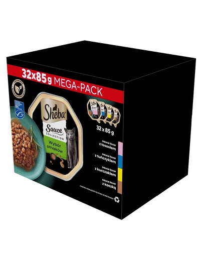 SHEBA Sauce Collection Sélection de saveurs 32x85 g en sauce avec du saumon, du thon, du poulet, du canard