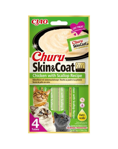 INABA Churu Skin&Coat Chicken&Scallop Aliment humide au poulet et à la coquille Saint-Jacques 4x14g