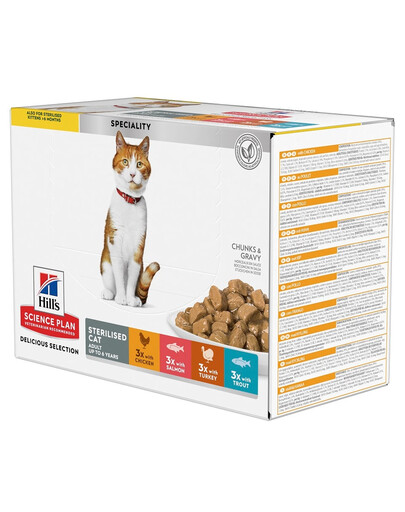 HILL'S Science Plan Feline Young Adult Sterilised Cat Multipack au poulet, à la truite, au thon, au saumon 12x85 g