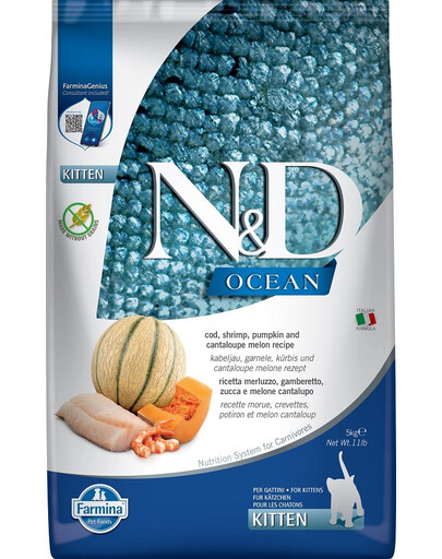 FARMINA N&D Ocean Cat Kitten cod, shrimp, pumpkin & cantaloupe melon 5 kg morue, crevettes, citrouille et melon au cannabis pour les chatons
