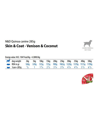 FARMINA N&D Quinoa Dog Venison, coconut - Venaison avec noix de coco pour renforcer la peau et le pelage - 285 g