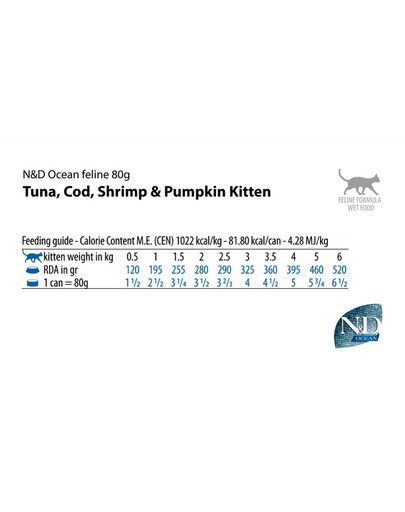 FARMINA N&D Ocean Cat Kitten Tuna, cod, shrimp, pumpkin - Thon, morue, crevettes & citrouille pour chatons - 70 g
