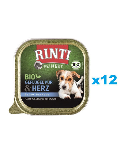 RINTI Feinest Bio Poultry Pure&Poultry hearts volailles et cœurs de volailles 12x150 g