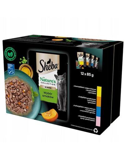 SHEBA Selection Fish Flavours in sauce 12x85g nourriture humide avec saumon et morue noire, poisson blanc, poisson de mer, morue pour chats