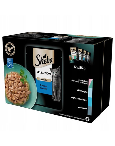 SHEBA Selection Fish Flavours in sauce 12x85g nourriture humide avec saumon et morue noire, poisson blanc, poisson de mer, morue pour chats