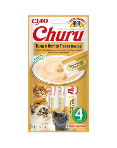 INABA Churu Cat Treat Tuna&Bonito Aliment humide avec du thon et des flocons de bonite 4x14g