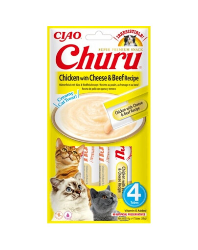 INABA Churu Cat Treat Chicken,Cheese&Beef Aliment humide avec du poulet, du fromage et du bœuf 4x14g