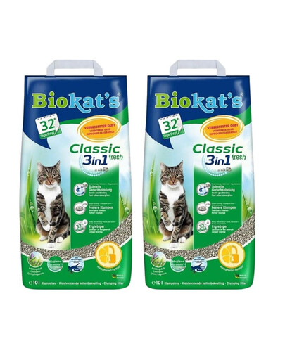 BIOKAT'S Classic 3w1 2x10 l Fresh Granulés de bentonite à l'odeur d'herbe fraîche