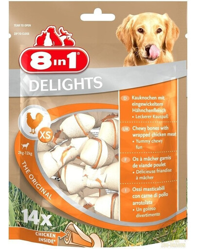 8IN1 Delights Bones XS Os à mâcher avec viande de poulet roulée 14 pièces