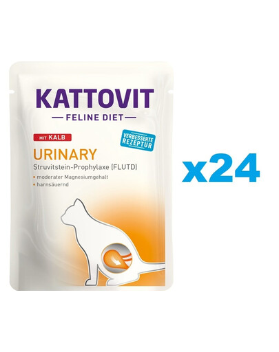 KATTOVIT Feline Diet Urinary Nourriture humide avec du veau pour les chats ayant des problèmes urinaires 24x85 g