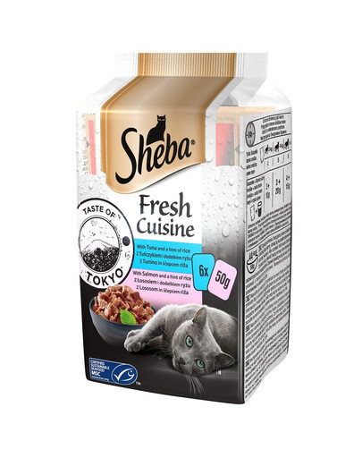 SHEBA Fresh Cuisine Taste of Tokyo aliments complets pour chats au thon et riz ajouté, au saumon et riz ajouté 72x50g