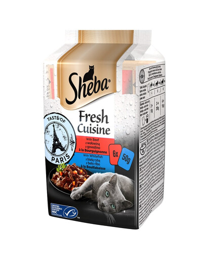 SHEBA Fresh Cuisine Taste of Paris nourriture humide complete pour chats adultes avec bœuf, poisson blanc sachet 72x50g