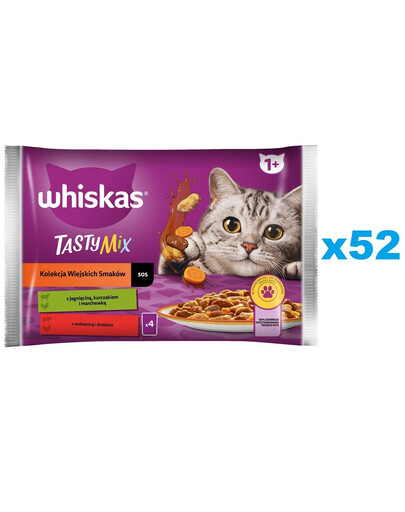 WHISKAS Adult Rural Flavours Collection pour chats nourriture humide en morceaux avec de l'agneau, du poulet et des carottes, du bœuf et de la volaille en sauce - sachet 13*4 x 85g