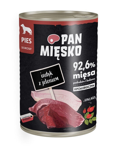 PAN MIĘSKO - Nourriture humide hypoallergénique pour chiens à base de dinde et de cerf - 400g
