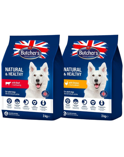 BUTCHER'S Natural&Healthy Mixed flavours pour chiens avec du poulet et du bœuf 2 x 3 kg