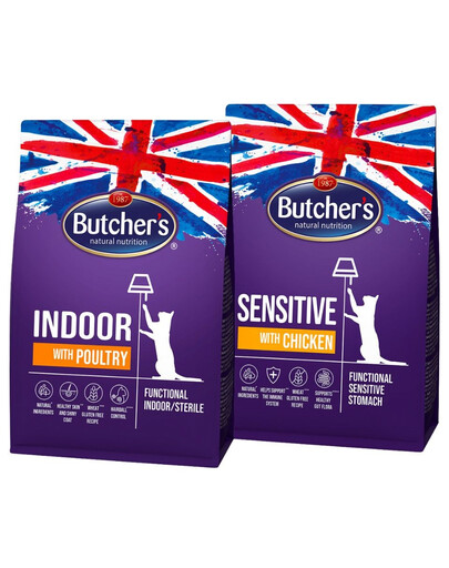 BUTCHER'S Functional Cat Indoor avec de la volaille 800 g + Sensitive avec du poulet 800 g