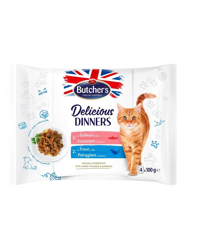 BUTCHER'S Delicious Dinners Morceaux en gelée pour chats adultes 4x100g au saumon et à la truite