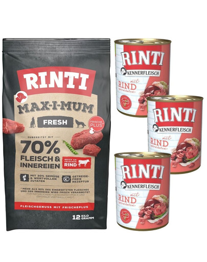 RINTI MAX-I-MUM Beef avec de la viande de bœuf 12 kg + Kennerfleisch Beef nourriture humide avec du bœuf 3x400 g