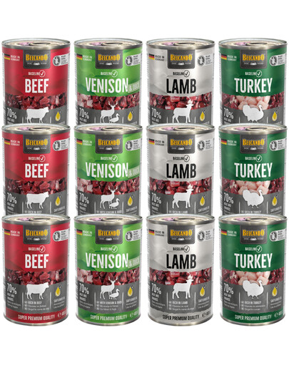 BELCANDO Baseline Mélange de saveurs 12x400g dinde, agneau, chevreuil avec canard, bœuf