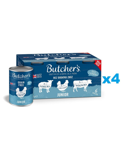 BUTCHER'S Original Junior Recipe in jelly Mélange de saveurs 24x400 g Morceaux en gelée d'agneau, de poulet et de bœuf pour chiots