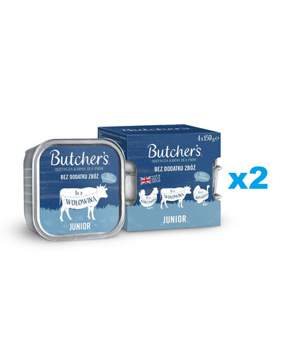 BUTCHER'S Original Junior Pâté de poulet, de bœuf et de dinde aux saveurs variées pour chiots 8x150 g
