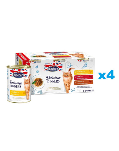 BUTCHER'S Delicious Dinners Cat Meaty selection in Jelly 24x400 g morceaux de poulet, de bœuf et de gibier en gelée pour chats