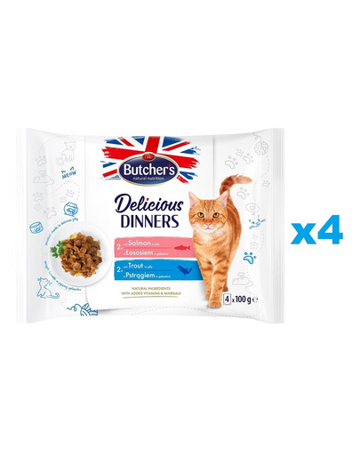 BUTCHER'S Delicious Dinners Morceaux en gelée pour chats adultes 16x100g au saumon, à la truite