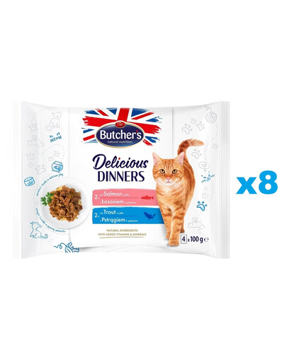 BUTCHER'S Delicious Dinners Morceaux en gelée pour chats adultes 32x100g au saumon, à la truite