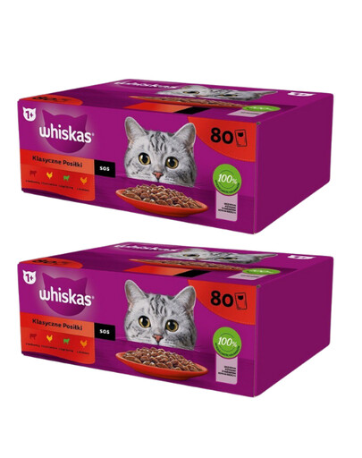 WHISKAS Adult sachet 160 x 85 g Repas classiques nourriture humide pour chats adultes en sauce (morceaux avec : bœuf, poulet, agneau, volaille)