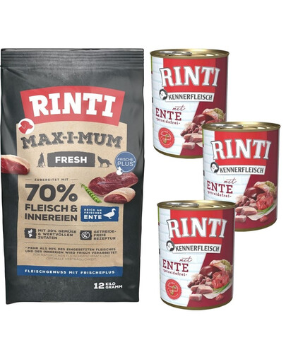 RINTI MAX-I-MUM Duck avec du canard 12 kg + Kennerfleisch Duck alimentation humide avec canard 3x400 g