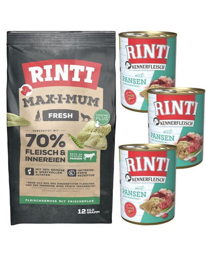 RINTI MAX-I-MUM Rumen avec le rumen 12 kg + Kennerfleisch Rumen avec nourriture humide pour le rumen 3x400 g