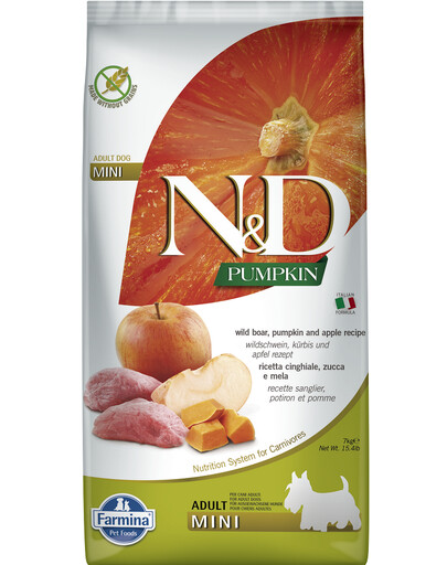 FARMINA N&D GF Pumpkin Boar & Apple Adult Mini - Sanglier, Potiron & Pomme pour chiens adultes de petites races - 7 kg
