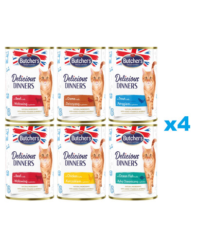 BUTCHER'S Delicious Dinners Mélange de saveurs en gelée 24x400g Poulet, venaison, truite, poisson de mer, morceaux de bœuf