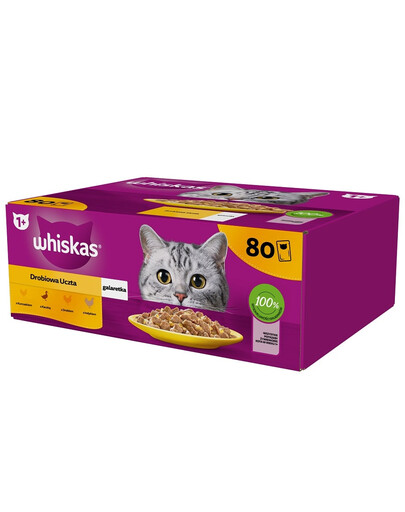 WHISKAS Adult Poultry Piece - nourriture humide pour chats adultes en gelée (morceaux de : poulet, canard, volaille, dinde) - sachets 80 x 85 g