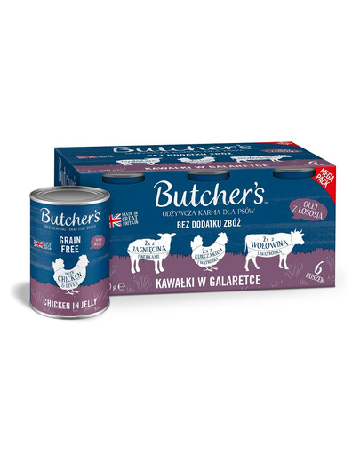 BUTCHER'S Original Recipe in jelly Saveurs mixtes avec foie ou rognons 6x400 g Morceaux en gelée de bœuf, d'agneau et de poulet pour chiens