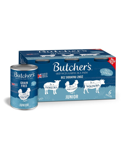 BUTCHER'S Original Junior Recipe in jelly Mélange de saveurs 6x400 g Morceaux en gelée d'agneau, de poulet et de bœuf pour chiots